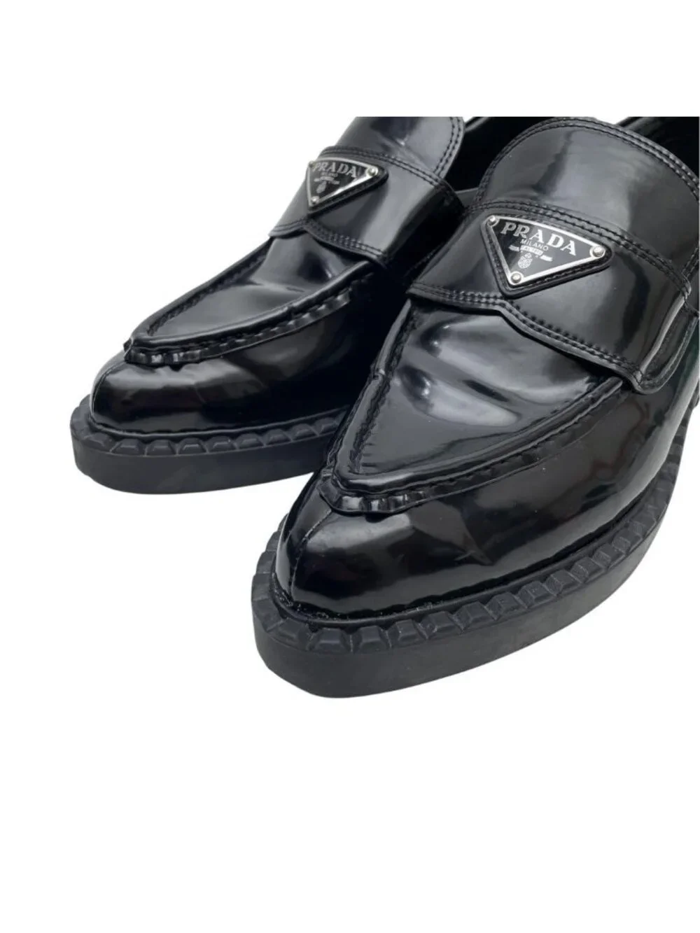 Prada Leather Triangle Plate Logo Loafers Black